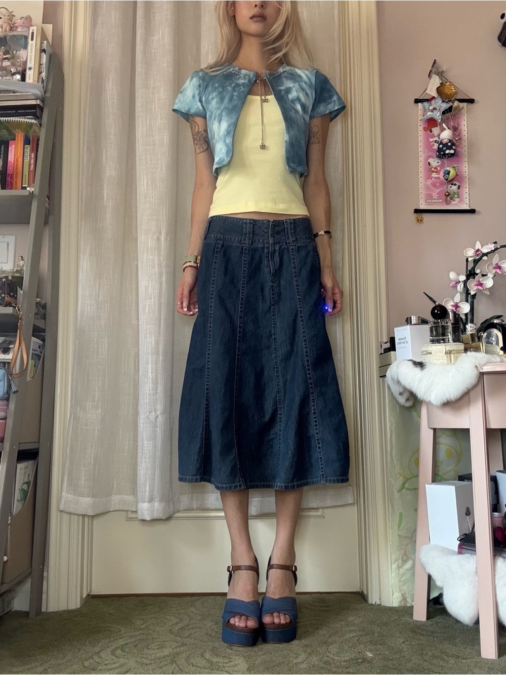 Size S DollsKill Zemeta blue tie-dye short sleeve cardigan w/ butterfly chain